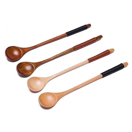 Donxote 7.68 inches, Wire Wrapped Handle Wooden Ice Cream Spoon, Long Handle Tea Spoon, Iced Tea / Juice Stirring Spoon - Espresso Deluxe / Bistro, Set of 4