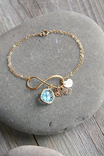 Personalized 14k gold filled infinity bracelet, aquamarine, custom stamped initial heart tags, monogram, letter, customized, family bracelet, mother grandmother family