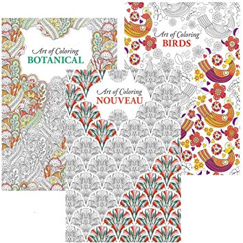 Bargain Gateway Set of 3 A4 Colour Therapy Adult Colouring Books, Botanical, Birds & Nouveau Designs, Set
