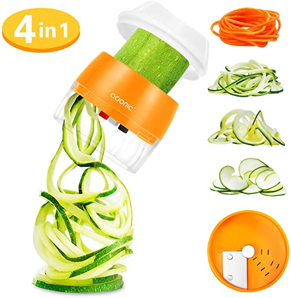 Handheld Spiralizer Vegetable Slicer 3 in 1 Spiralizer Grater Slicer for Vegetables, Spaghetti, Fruit, Thick and Thin Pasta Spirals, Easy to Clean Best for Low Carb/Paleo/Gluten-Free Meals (Orange)