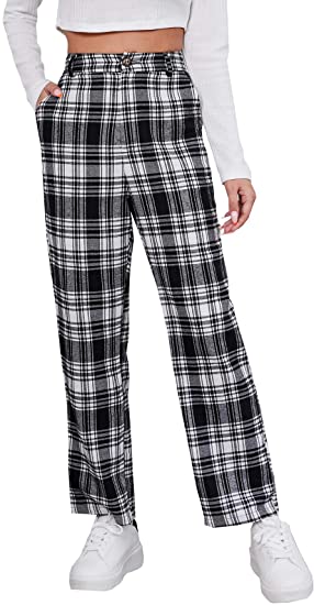 DIDK Women's Tartan Plaid Mid Waist Straight Pants