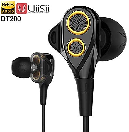 UiiSii DT200 in-Ear Earbuds Earphones Headphones Dual Dynamic Drivers with Mic Strong Bass and Noise Reduction Volume Control Headset for Smartphones Computer PC Tablet (Gold)