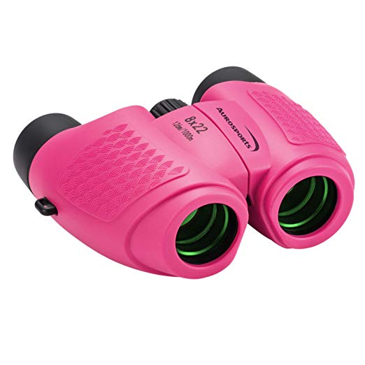 Aurosports Compact Kids Binoculars, 8x22 High Powered Toy Binocular for 4-7 Years Old Girl, Best Birthday Present Gifts for Bird Watching Camping Hiking Rose Red