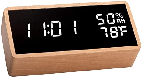 Wood Digital Alarm Clock for Bedrooms, Real Wood,Time Temperature Humidity, 3 Sets of Alarms, Adjustable Brightness