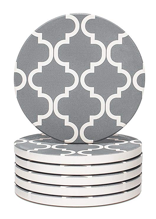 Y YHY Absorbent Stone Coaster Set, Drink Spills Coasters, Set of 6, Grey & White, Geometric Pattern