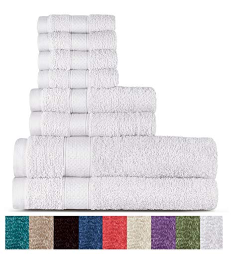 100% Cotton 8 Piece Towel Set (White); 2 Bath Towels, 2 Hand Towels and 4 Washcloths, Machine Washable, Super Soft by WELHOME