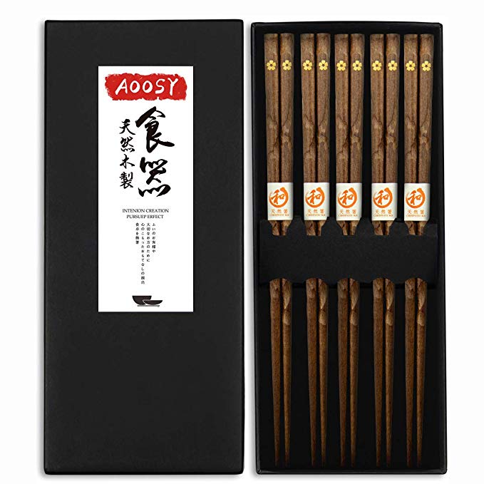 AOOSY Japanese Natural Wooden Chopstick Set Reusable Classic Style Chopsticks Lightweight Chop stick 5 Pairs Gift Set for Sushi Noodles Rice Hair Adult Kids