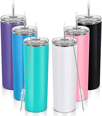 Stainless Steel Skinny Tumbler Set, Insulated Travel Tumbler with Closed Lid, 20 Oz Slim Water Tumbler Cup for Coffee Water Hot Cold Drinks, Set of 6, Purple Blue Mint White Black Pink