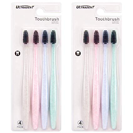 Bamboo Charcoal Toothbrush - Pack of 8 Soft Bristle Toothbrush Multicolor Compact Head Naturally   Whitening Gentle Sensitive Gums, Travel, Hotel, Guests, Disposable use for child and  Adult, 4 Colors