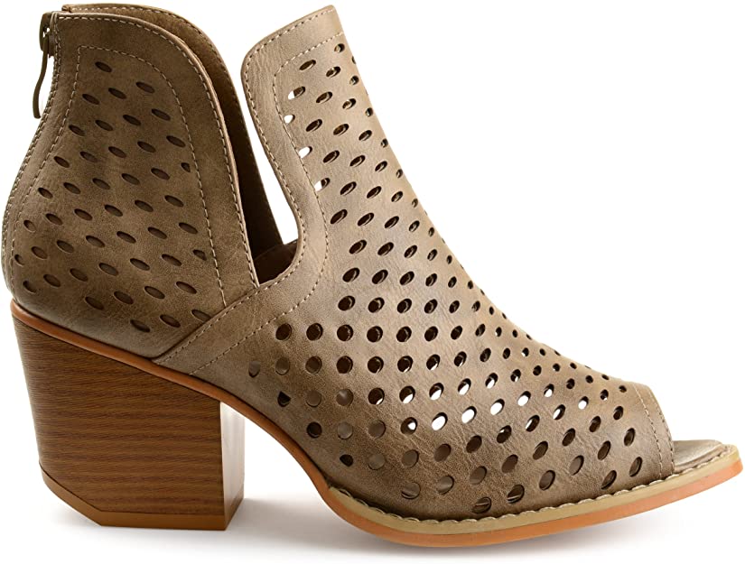 Brinley Co. Womens Abrail Faux Leather Side-Slit Open-Toe Perforated Booties