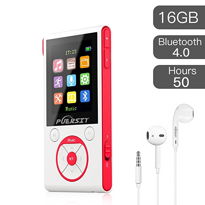 Puersit MP3 Player with Bluetooth ,16GB Portable Audio Music Player with FM Radio Voice Recorder Function for Running Walking Expandable Up To 128GB