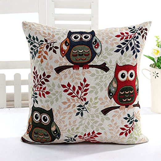 Cushion Cover Cotton Linen Square Sofa Throw Pillow Case Cute Owls Decorative Pillowcase 17x17inch