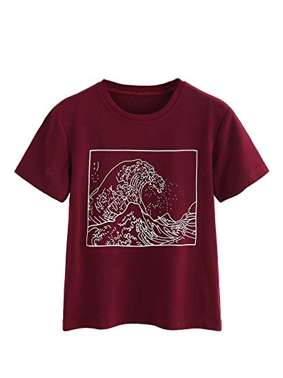 Romwe Women's Short Sleeve Top Casual The Great Wave Off Kanagawa Graphic Print Tee Shirt