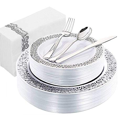 WDF 150PCS Silver Plastic Plates with Disposable Plastic Silverware&Hand Napkins, Lace Design include 25 Dinner Plates,25 Salad Plates,25 Forks, 25 Knives, 25 Spoons,25Disposable Napkins