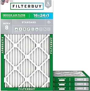 Filterbuy 16x24x1 Air Filter MERV 8 Dust Defense (4-Pack), Pleated HVAC AC Furnace Air Filters Replacement (Actual Size: 15.38 x 23.38 x 0.75 Inches)