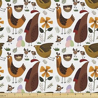 Ambesonne Animal Fabric by The Yard, Funny Various Chickens Eggs and Flowers Cartoon Rural Farm Elements, Decorative Fabric for Upholstery and Home Accents, 2 Yards, Brown Green