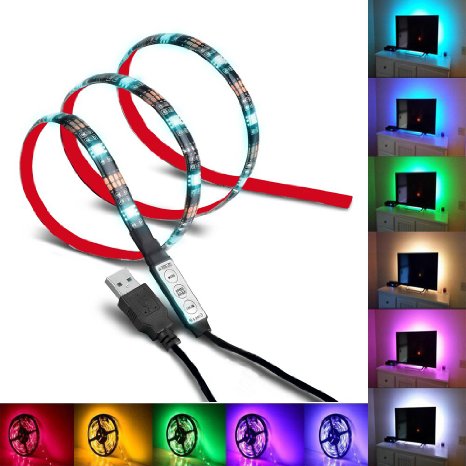 USB LED Strip Light, Foxcesd 1-Meter Waterproof Multi Color Changing RGB LED Light Strip Kit, LED TV Backlight Kit with USB Port for HDTV, Desktop, Monitors, Gardens, Homes, Kitchen, Cars, Bar