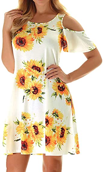 Aniywn Women's Casual Off Shoulder Sunflower Print Summer Dress Loose Dress Ladies Short Sleeve Beach Dress