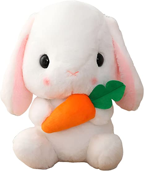 HOUPU Soft Toy - Sitting Lop Eared Rabbit, Easter White Rabbit Stuffed Bunny Animal with Carrot Soft Lovely Realistic Long-Eared Standing Pink Plush Toys (White-Carrot,8.6in/22cm)