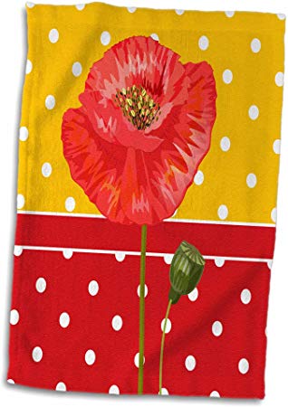 3D Rose Red & Yellow Polka Dots with A Single Red Poppy Hand Towel, 15" x 22", Multicolor