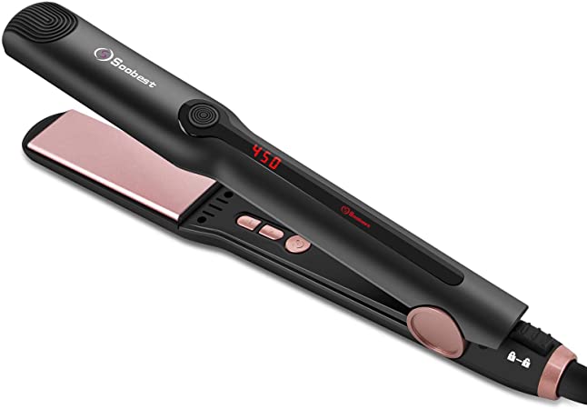 Soobest Flat Iron for Hair, Ceramic Hair Straightener, Straightening Iron with Adjustable Temp, Instant Heating, 2 in 1 Curler and Straightener for All Hair Type, No Snagging, Auto Off, 1.25" Wide