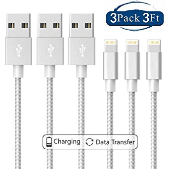 iPhone Charger,IKHISHI Lightning Charging Cable 3Pack 3FT,3FT,3FT to USB Syncing and Charging Cable , Nylon Braided Cord Charger for iPhone X/8/7/7 Plus/6/6 Plus/6s/6s Plus and more(Silver)