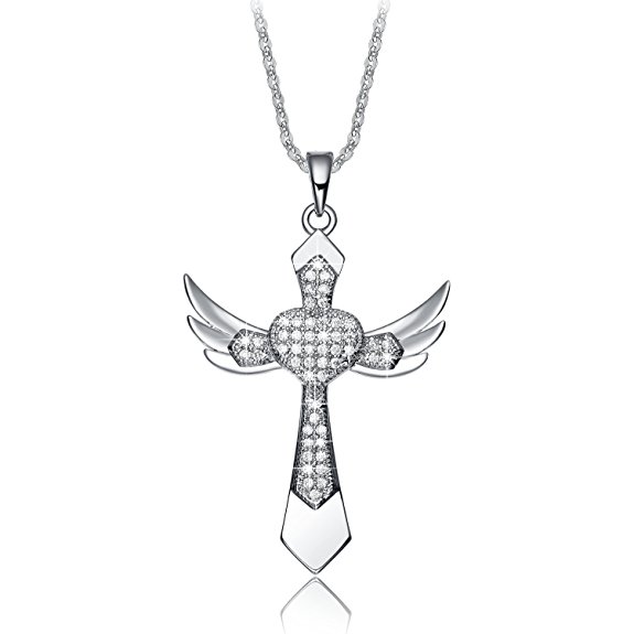 NEEMODA "Chivalry" Angel Wings Cross Pendant Necklace Hand-inlaid AAA Cubic Zirconia