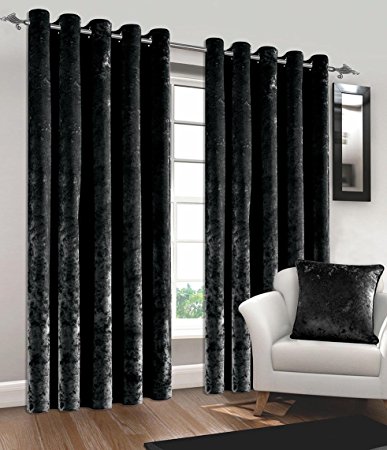UAREHOME Crush Crushed Velvet Eyelet Ring Top Ready Made Lined Curtains luxury (90" x 90" (229 x 229 cm), Black)