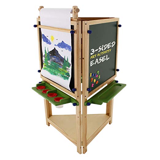 U.S. Art Supply Children's 3-Sided Art Activity Easel with 3 Magnetic Stations, Chalkboard, Blackboard, Dry Erase White Board, Paper Roll, Paint Cups Shelf - Kids Learn to Paint, Draw, Write, Have Fun
