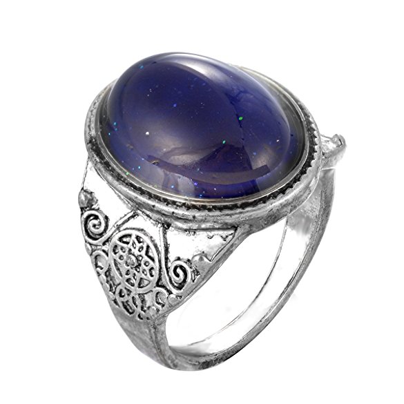 MJARTORIA Oval Pattern Engraved Antique Silver Color Retro Style Color Changing Mood Emotion Feeling Ring