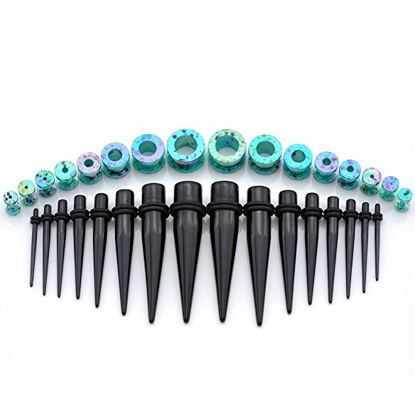 PiercingJ 32pcs 12g-1/2" (2-12mm) Black Acrylic Ear Tapers Stretching Kit   Colorful Acrylic Tunnel Gauge Set (10G / 2.5mm Not Included)