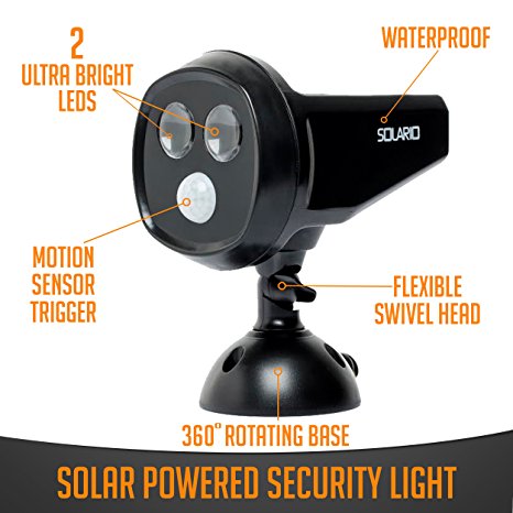 Solar Powered Security Spotlights- Motion Activated Lights- Wireless Outdoor Light- 300 Lumen Ultra Bright LEDs- 2 Lighting Modes- Best for Patio, Garden, Path, Pool, Yard, Deck (Black) (1 Pack)