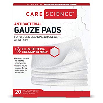 Care Science Antibacterial Sterile Gauze Pads, 20 ct, Large, 4 X 4 | for Cleaning or Covering Wounds as Wound Dressing, Kills Staph & MRSA, Helps Prevent Infection