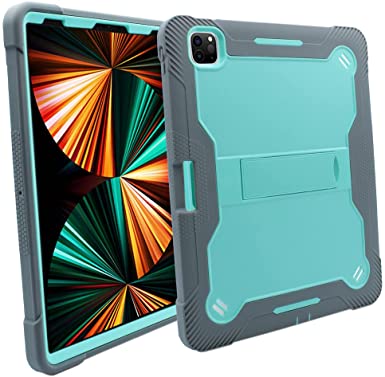 KIQ Premium iPad Pro 12.9 5th Gen Case, Rugged Heavy Duty Guardian Case Cover Protection with Kickstand for Apple iPad Pro 12.9 5th Gen (2021) (Teal in / Grey Out)