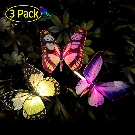 GoLine Butterfly Garden Solar Lights Outdoor, 3 Pack LED Color Changing Stake Lights, Solar Powered Optic Fiber Decorative Lighting, Yard Art, Garden Decorations, Housewarming Gifts.