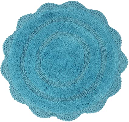 Chardin Home - 100% Pure Cotton - Crochet Round Bath Rug, 24'' Round Mat, Turquoise, with Latex Spray Non-Skid Backing.