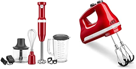 KitchenAid Cordless Variable Speed Hand Blender with Chopper and Whisk Attachment - KHBBV83 & 6 Speed Hand Mixer with Flex Edge Beaters - KHM6118