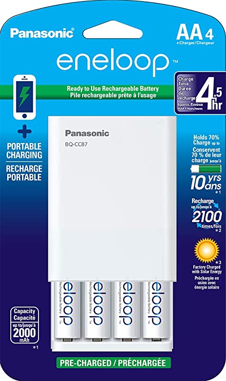 Panasonic K-KJ87MCA4BA Individual Battery Charger with Portable Charging Technology and 4AA Eneloop Rechargeable Batteries, White
