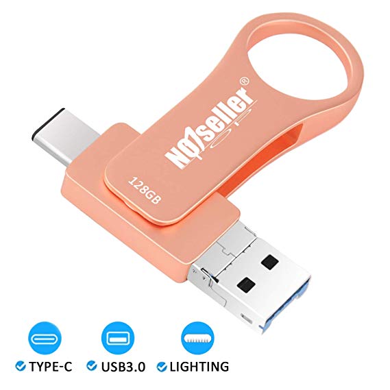 NO1seller Top USB Flash Drive for iPhone,128GB USB Type C 3.0 Flash Drive Memory Stick for iPhone iPad PC Android External Storage,3 in 1 Photo Stick Rose Gold