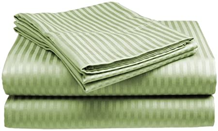 Crystal Trading Inc Queen Size Sage 400 Thread Count 100% Cotton Sateen Dobby Stripe Sheet Set - Deep Pocket - Wrinkle Free