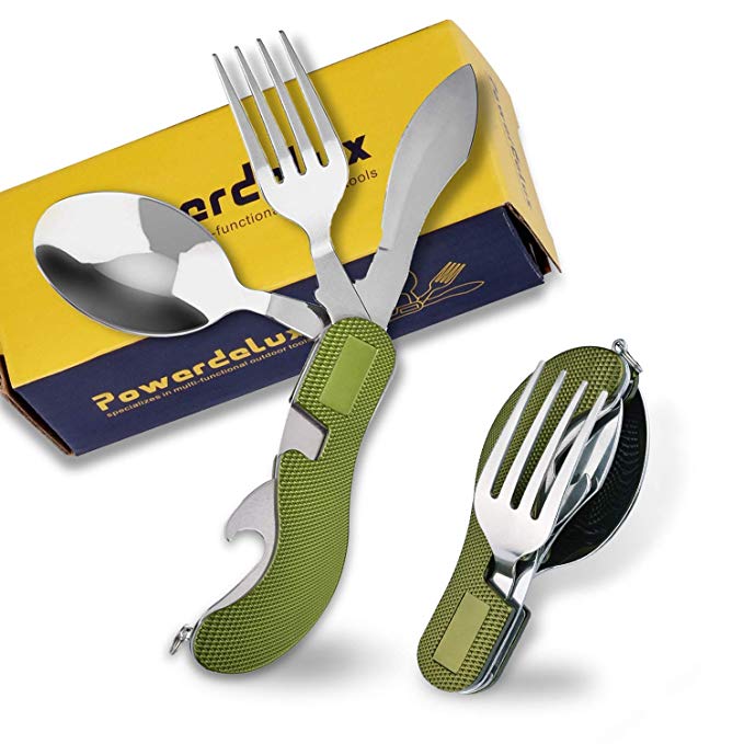 Powerdelux Camping 4-in-1 Fork Knife Spoon Bottle Opener Set，Stainless Steel Camping Utensils Cutlery Set, Foldable Camping Flatware for Picnic Travel Hiking BBQ Green