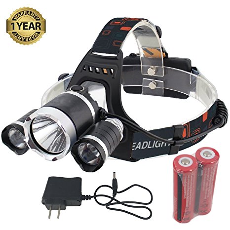 GYY Super Bright Headlamp Headlight Flashlight 4 Modes 3 CREE T6 LED Light Torches with 18650 Rechargeable Batteries and Charger