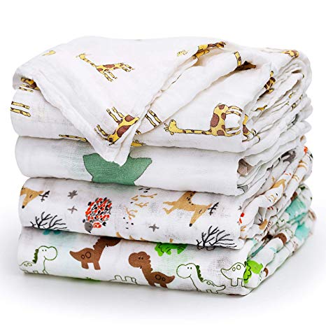 Upsimples Newborn Baby Swaddle Blanket Unisex Soft Bamboo Muslin Swaddle Blankets 47” x 47” Large Receiving Blanket for Boys and Girls, Set of 4 - Fox/Elephant/Giraffe/Dinosaur