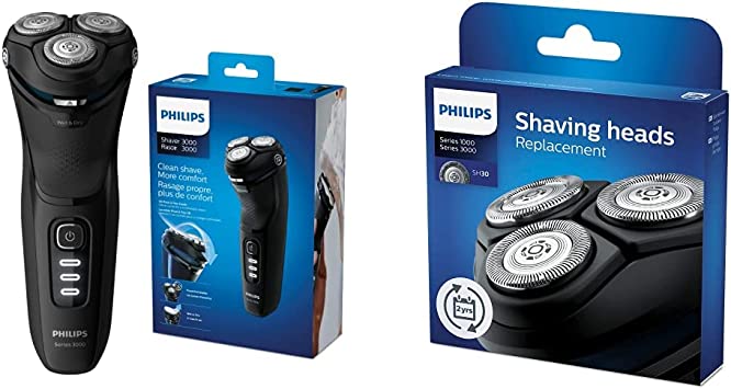 Philips Shaver Series 3000 Dry and Wet Electric Shaver (Model S3233/52) & Replacement Shaver Blades for Series 1000   3000 Electric Shavers - SH30/50