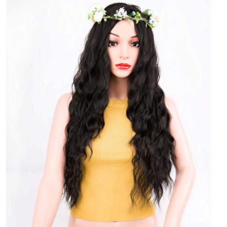 ForQueens Black Wavy Wig Synthetic Natural Long Curly Wigs Loose Body Wave Wigs Heat Resistant Fiber Full Wigs for Women