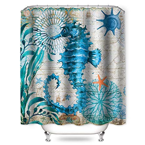 Blue Ocean Shower Curtain, 72 Inch Seahorse Shower Curtain and Teal 3D Animals 100% Polyester Shower Curtain Liner, Shower Curtain Non Toxic for Bathroom & Toilet