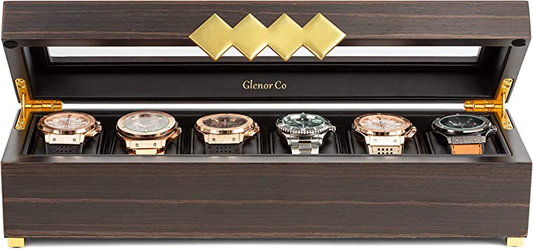 Glenor Co Wooden Watch Box for Men - 6 Slot - Modern Luxury Case with Gold Buckle & Legs - Large Glass Display Storage - Mens Organizer - Black Leather Pillow Holder - Brown Walnut Wood