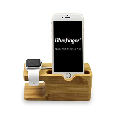 Bluefinger® Newest Arrival 2 in 1 Creative Stand for Apple Watch Iphone Wooden Bamboo Watch Display Stand Cell Phone/Iwatch Charging Stand