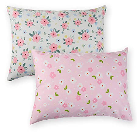 Onacosht Pink Floral Toddler Pillowcase 2 Pack for Girls, 100% Cotton Ultra Soft Baby Pillow Case Fits Kid Pillow Sized 13"x 18" or 14"x19", Zipper Style Travel Pillow Cover