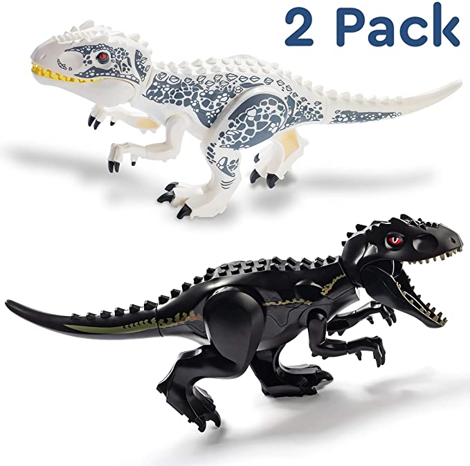 Set of 2 Large T-Rex Jurassic Dinosaur Toys Building Blocks for Boys and Girls - 11.2x6.7 Black & White - Includes Dino Toys Sticker Sheet & Reusable Bag - Safe ABS Plastic Jurassic Trex Gift Combo!